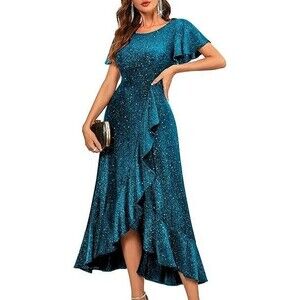 BeryLove Women's Maxi Dress Medium Teal Blue Flutter Sleeve Sequin Formal Party